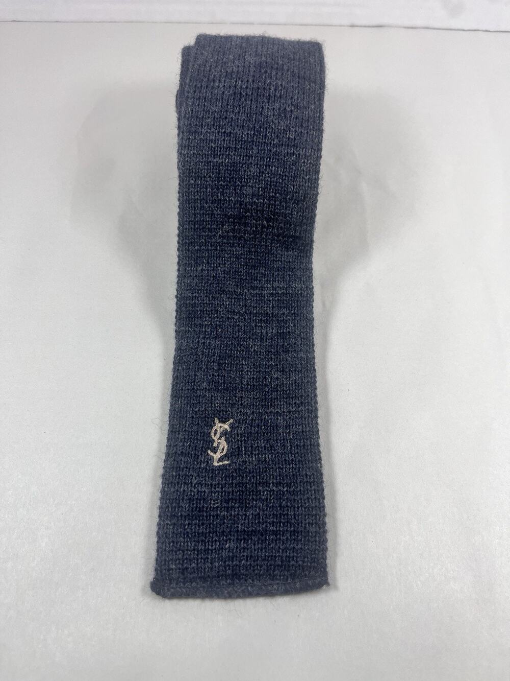 VTG Yves Saint Laurent YSL Knit Tie 100% Wool Blue Grey Square Bottom USA